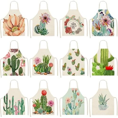 Cactus Plants Pattern Cotton Linen Aprons 53*65cm Home Cleaning Cooking Kitchen Apron Cook Wear Pinafore Adult Bibs 46348