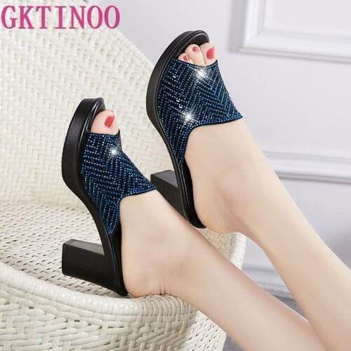 GKTINOO Women Slippers 2021 Ladies Summer Slippers Genuine Leather Shoes Women High Heels Fashion Rhinestone Summer Shoes