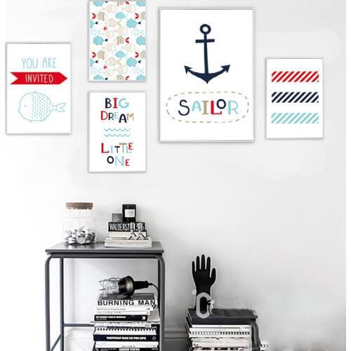 HAOCHU Nordic Mediterranean Navy Sailor Cartoon Landscape Canvas Painting Wall Poster For Kids Room Wall Decor No Frame