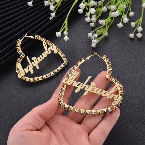 HIYONG Personalzied Colorful Zircon Hoop Earrings Custom Name Earring Stainless Steel Heart Customized Earrings 2021 New Style