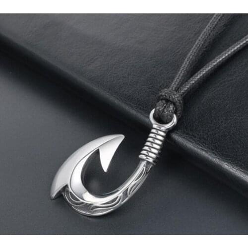 Mens Personality Classic Pattern Carved Stainless Steel Fish Hook Pendant Necklace Hip Hop Style Rock Party Jewelry
