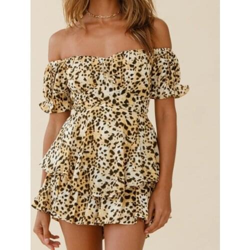 Bohemian Floral Leopard Print Ruffled Casual Short Playsuits Womens Summer Short Sleeve Slash Neck Jumpsuit Loose Overalls