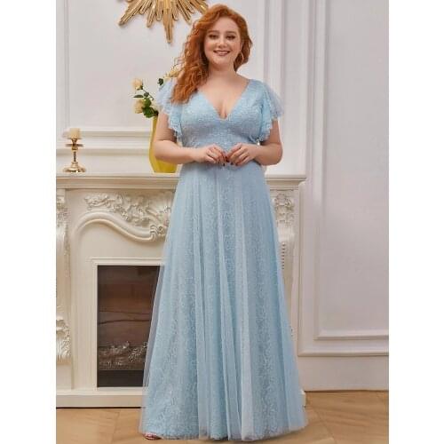 Plus Size Double V Neck Lace Evening Dresses with Ruffle Sleeves Long A-line Lace Chiffon Sky Blue Winter Wedding Guest Dresse