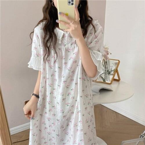 Floral Print Summer Nightgown Sweet Cotton Korean Sleepwear Loose Short Sleeve O-Neck Home Clothes Homewear Girls Kawaii