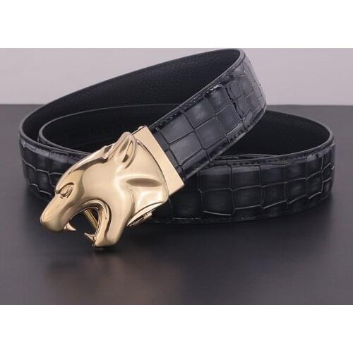 High Quality golden automatic buckle genuine leather belts men Leopard luxury famous brand cowboy ceinture homme Cowskin