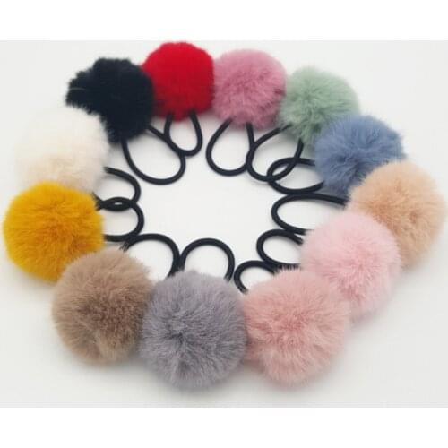 New Rabbit Fur Plush Elastic Hair Bands Scrunchies Women girls Ponytail Holder Rope Furry Pompom Hair Ties Hair Accessories