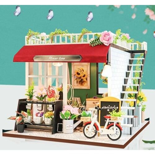 New Wooden Dollhouse Miniature Furniture With LED Kits Flower Store Cottage Casa Doll Houses DIY Assemble Toys Kids Adults Gifts