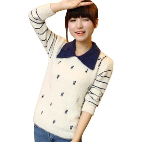 New Autumn Winter Retro Sweater Women Stripes Lapel Embroidered Cat Pull Loose Mohair Pullover Bottoming Jumper Vestidos LXJ081