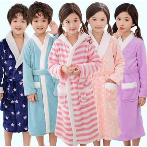 New Winter Warm Bathrobe for Children Flannel Robes 5-14 Years Girls and Boys Striped Sleepwear Cotton Kids Bathrobe