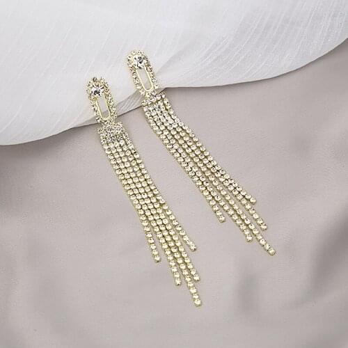 Origin Summer Bling Bling Long Tassel Dangle Earring for Women Girls Gold Color Metallic Rhinestone Hollow Earring Jewelry