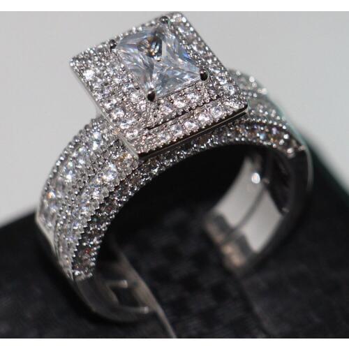 Size 5-10 Drop Shipping Luxury Jewelry 14KT White Gold Fill Princess Cut Clear 5A Zirconia Couple Wedding Bridal Ring Set Gift