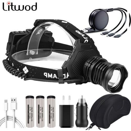 The Most Brightest Led Headlamp Powerbank Zoomable Headlight Head Flashlight Lamp 8000lm 3* 18650 Battery for Fishing & Camping