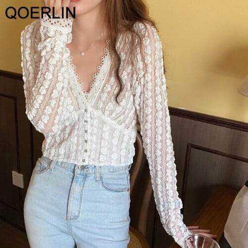 QOERLIN Sexy Transparent V-Neck Lace Blouse Single-Breasted Shirt Women Black Blouse Spring Summer Long Sleeve Crop Top Women