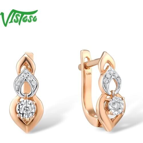 VISTOSO Pure 14K 585 Two-Tone Gold Sparkling Illusion-Set Miracle Plate Diamond Earrinings For Women Fashion Trendy Fine Jewelry