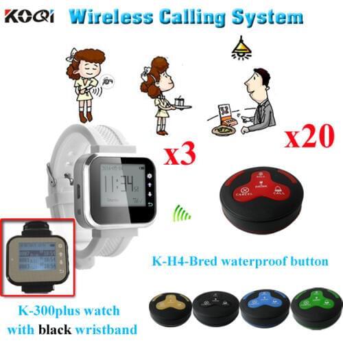 Guest Server Paging System Modern Restaurant Equipment In 433mhz 3pcs Watch Receiver Pager With 20pcs Waterproof Call Button