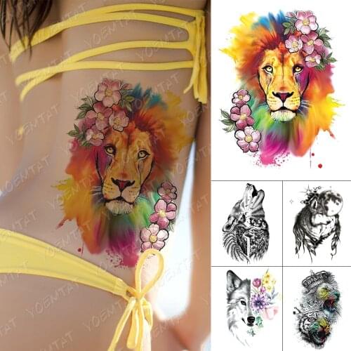 Waterproof Temporary Tattoo Sticker Watercolor Lion Flowers Tattoos Wolf Mountain Moon Body Art Arm Fake Tatoo Women Men