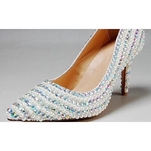 White pearl rhinestone wedding shoes bridal shoes pointed toe thin heels shallow mouth high-heeled shoes elegant 8cm pearl shoes