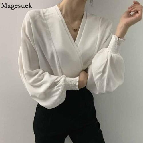 Fashion Cross V-neck Casual Blouse Women Autumn Lantern Long Sleeve Loose White Womens Shirts Pleated Elegant Woman Top 16433
