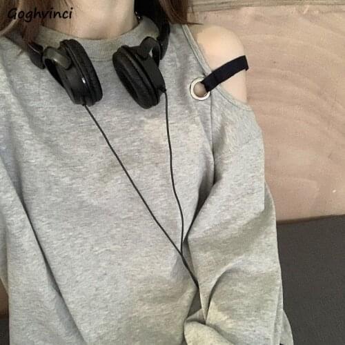 No Hat Hoodies Women Off Shoulder Solid Oversize Simple Loose Ulzzang All-match Students Patchwork Casual Trendy Pullover New