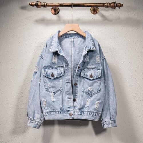YYCZF Women SP&AU 2021 Denim Jackets Turn-down Collar Loose Casual Ripped Holes Thin Personality 3D Print Coat Female Outwear