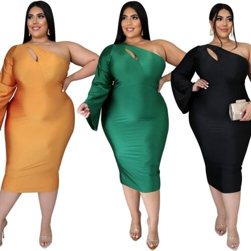 Echoine Women Dress Plus Size 2XL-5XL Sexy Club Party One Shoulder Long Sleeve Cut Out Bodycon Midi Vestidos Pencil Gown Autumn