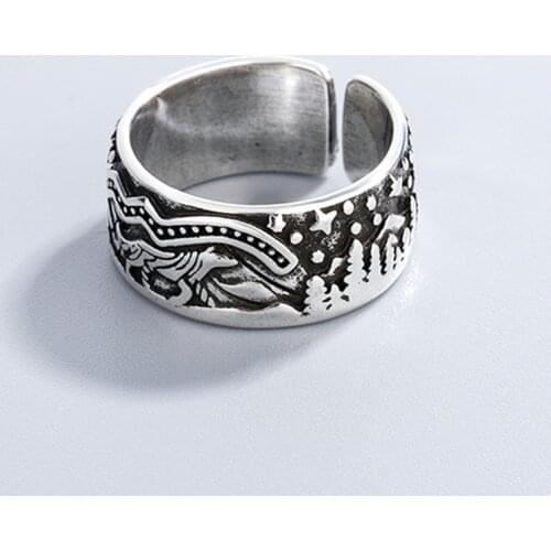 Simple Retro Wild Wolf Animal Tree Star Punk 925 Sterling Silver Adjustable Ring For Women Fashion Trendy Jewelry Gift