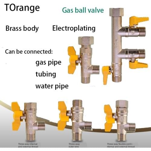 1/2 3/4 IN brass three-way gas ball valve switch one in two out live connection internal and external wire natural gas connector