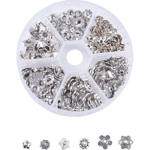 1Box Mixed Style Tibetan Style Alloy Flower Bead Caps for DIY Jewelry Bracelet Necklace Making 7~10x4~10mm Hole: 1~2mm