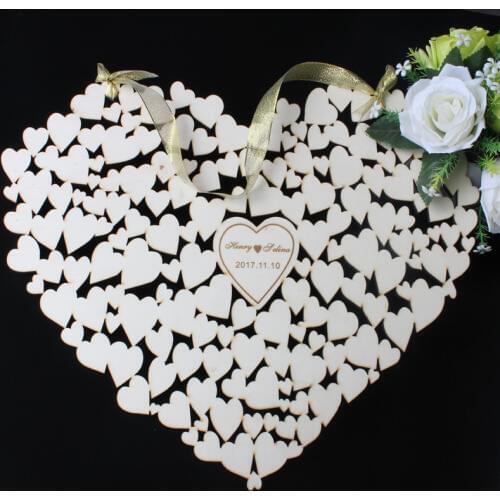 3D Personalized Wedding Guest Book Wooden Hearts Wedding Guestbook With Ribbon,Rustic Alternatives Heart Bride Groom Name Decor