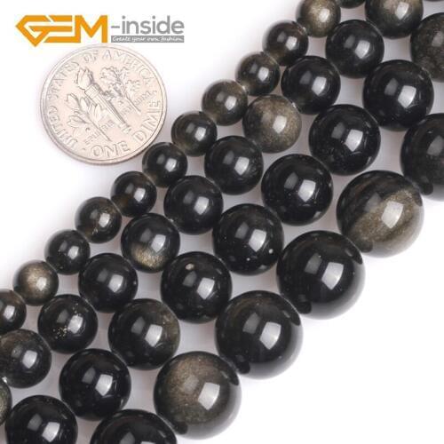 6/8/10/12MM GEM-inside 1.5mm-2mm Big Hole Natural Round Golden Black Obsidian Stone Loose Beads For Jewelry Making 15 Inches