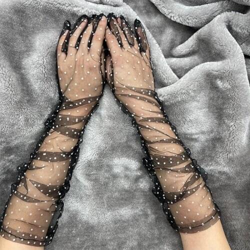5$ Fashion Dot Lace Long Gloves Female Elegant Stretch Tulle Mesh Semi Sheer Women Full Finger Mittens Bride Wedding Black