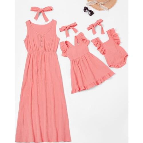 Matching Outfits Dresses Summer Mommy And Me Solid Sleeveless Button Baby Romper Maxi Dresses+headband Family Matching Set