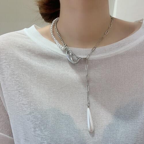 LOVOACC Double Layered Asymmetric Simulated Pearl Necklaces for Women Bling Rhinestones Linked Chain Chokers Necklace Jewellery