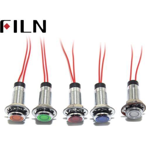 FILN 8mm panel red yellow blue green white 12v 110v 24v 220v led metal pilot lamp with 20cm cable