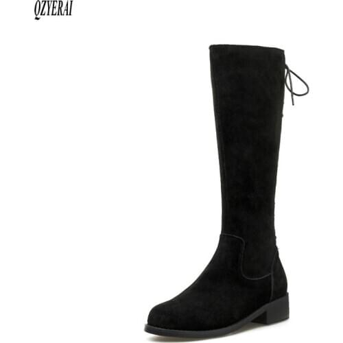 QZYERAI Autumn and winter Genuine leather Female boots The knee boots Womens boots black beige Womens shoes Size 34-40