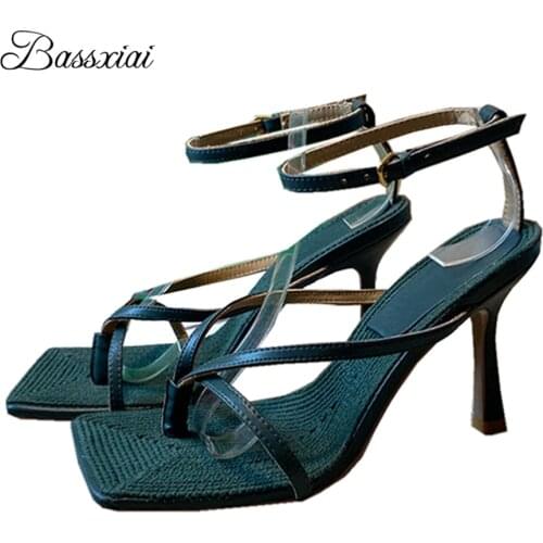Sexy Narrow Band Square Toe Sandals For Girls Ankle Strap Stretch Elastic Band Thin High Heels Sandals Women Summer