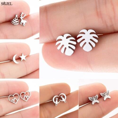 Tropical Leaf Earrings Stainless Steel Jewelry Cute Deer Tree Cat on the Moon Star Stud Earrings Butterfly Aretes De Mujer