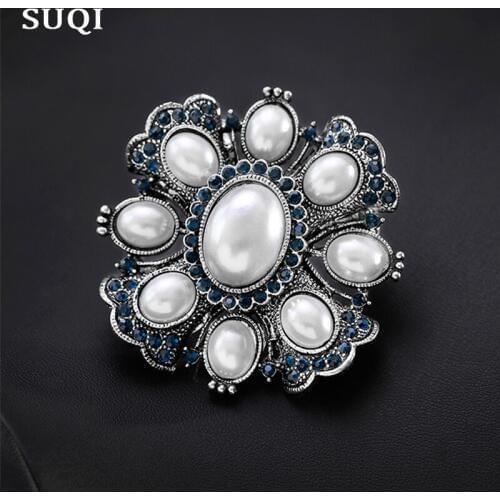 SUQI Vintage exquisite Imitation pearl lapel Brooch pin Rhinestone Ancient silver color brooches for Womens Jewelry accessories
