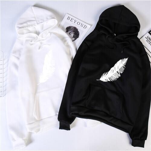 2020 Women Casual Harajuku Fashion Hoodies Feather Print Loose O-neck Long Sleeve Elastic Stretched Autumn Winter Female Hoodies