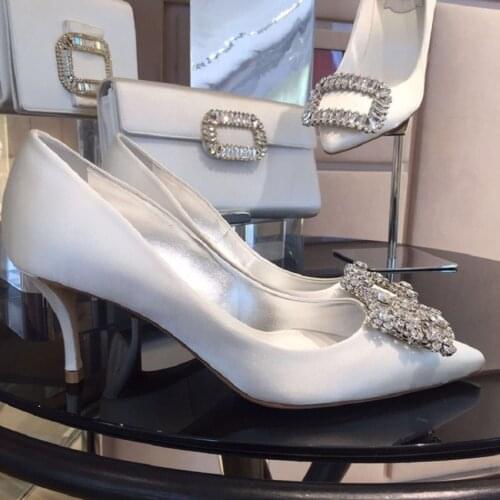 Spring Rhinestone Pointed Stiletto Satin Bridal Wedding Shoes White Party Dress Large Size Small Size Womens Singles Shoes