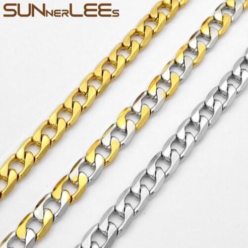SUNNERLEES Jewelry Stainless Steel Necklace 7mm Curb Link Chain Silver Color Gold Plated Mens Womens Gift SC27 N
