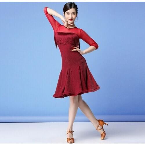 Women Dancewear Dress Ballroom Rumba Tango Latin Cha Cha Mesh Tassel Pleated Ruffle International Competition Costume 909-506