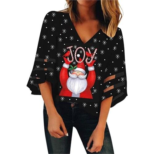 Womens V-neck Christmas Graphic T Shirts Santa Claus Print Mesh Top Trumpet Sleeves Loose Christmas Top T-shirt Футболка
