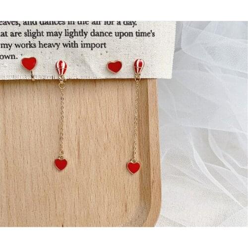 Red heart shape earring women cute Asymmetric heart tassel ear clip women gift B1092