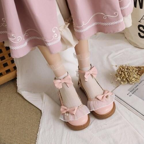 Womens Lolita Round Toe Bowknot Lace Kawaii Cosplay Shoes Low Heel Plus Size 34-43 Mary Janes Sweet 3Colors Girls New 2022