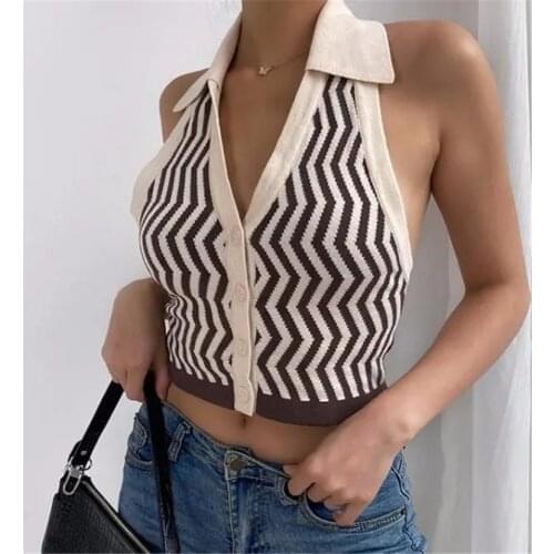 Sexy Print Backless Halter Top Women Turndown Collar Knited Crop Tops with Plaid Mini Skirt Set