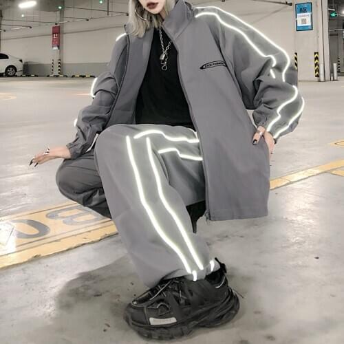 Two Piece Outfits for Womens 2021 Fashion Trends Harajuku Clothing Ladies 2 Piece Joggers Sets with Reflective Stripe on Side