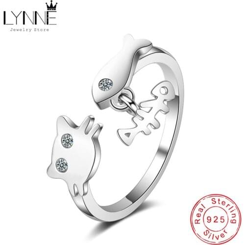 New Fashion Fish Bone Pendant AAA Zircon Little Cat Rings 925 Sterling Silver Resizable Rhinestone Drop Ring Women Jewelry Gift