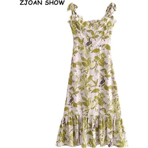 2021 Vintage Bird Flower Print Women Sling Dress Spliced Ruffles Hem Bandage Tie Bow Strap Sleeveless Sexy Dress Holiday Robe