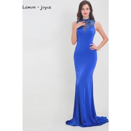 Lemon joyce Royal Blue Beaded Evening Dress Halter Backless Floor Length Court Train Women Long Mermaid Dress Party Dress Gowns